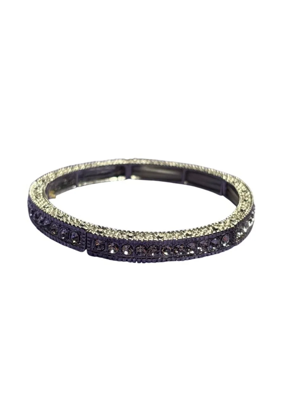 Textured Silvertone Clear Rhinestone Stretchy Bracelet 6.5 inches